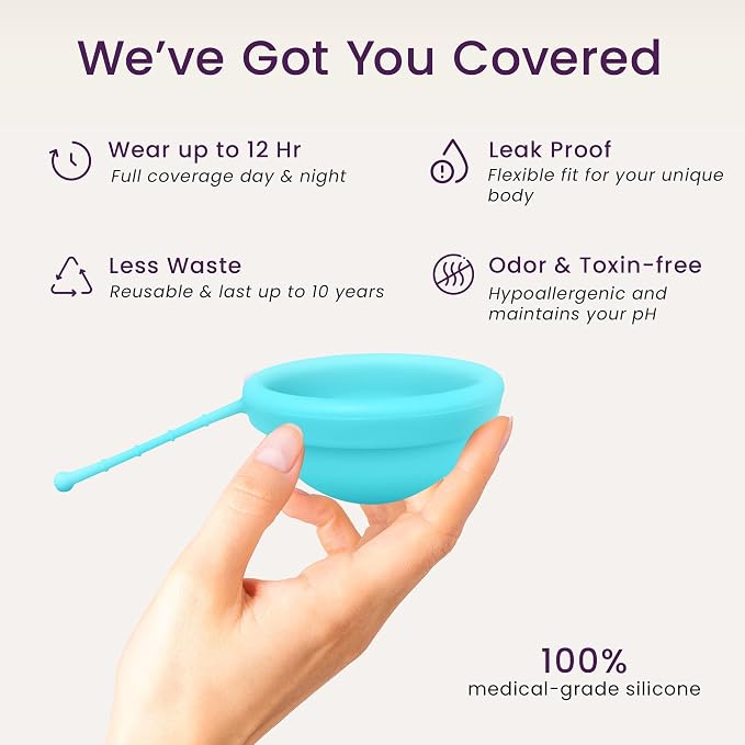 EcoBlossom Reusable Menstrual Disc with Removal String - The Most Reliable Medical Grade Silicone Period Discs - Comfortably use for 12 Hours (Cyan)