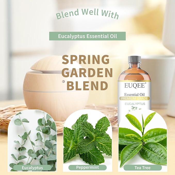 EUQEE Eucalyptus Essential Oil 118ml Pure Eucalyptus Oil with Glass Dropper for Aromatherapy, Diffuser, Soap & Candle Making - 4Fl.Oz