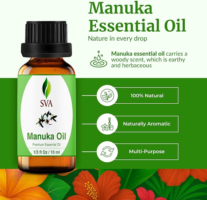 SVA Manuka Essential Oil 1/3 Fl Oz – for Diffuser, Skin & Hair Care – Ideal for Massage & DIY Blends – with Dropper