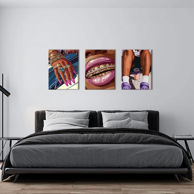 Framed Black Girl Wall Art Set of 3, Trendy Hip Hop Black Woman Wall Decor Paintings, Fashion African American Pictures Canvas Prints for Home Living Room Girly Bedroom 16x24 inch
