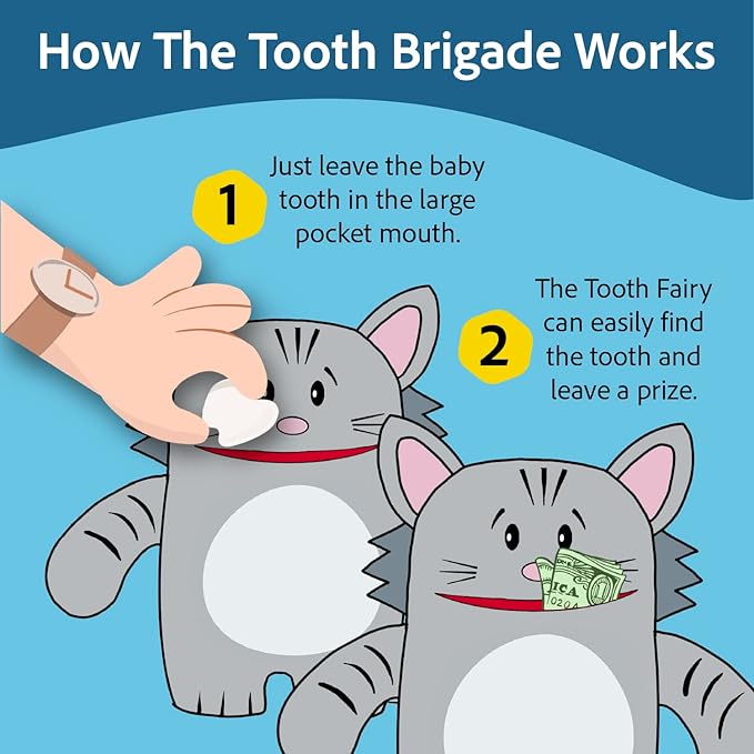 The Tooth Brigade Tooth Fairy Pillow | Stuffed Plush with Large Pocket Mouth for Lost Teeth, Treasures, Prizes - Fun and Interactive Plush, Perfect Kids, Boys, & Girls Gift (Gizmo Cat)