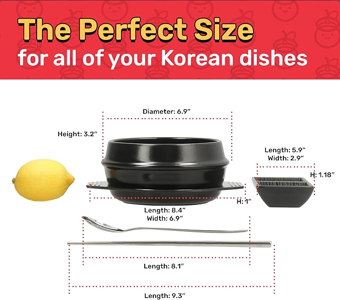 Korean Stone Pot Set, Dolsot Ttukbaegi Cookware, 38.7oz | 7 Piece Set, 38.7oz, Hot Pot Grip, For Bibimbap Soup Jjigae and Ramen, Ceramic Earthenware, Korean Soup Bowl