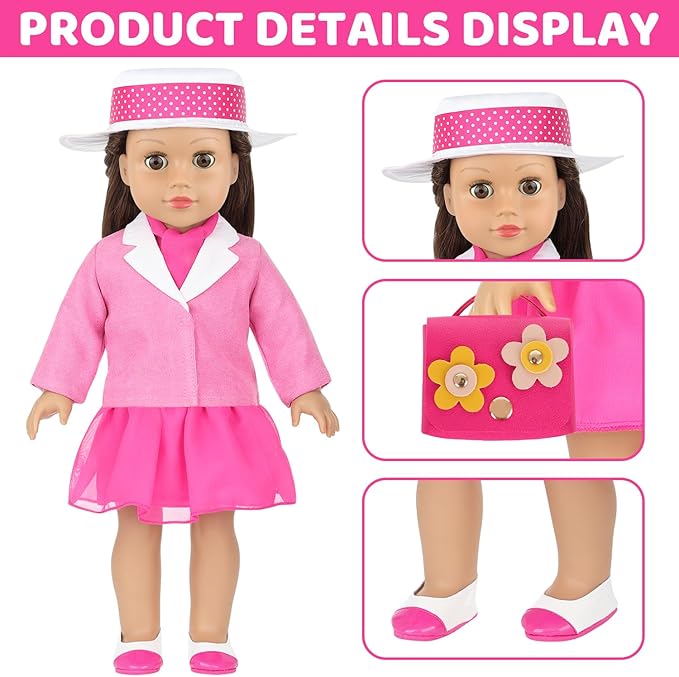 18 Inch Doll Clothes 8-Piece Stylish Pink Outfit Accessories Sets for American 18 Inch Dolls Outfits Trendy Clothes Red Flower Handbag Stuff Accessories for Dress-Up Play (Doll NOT Included)