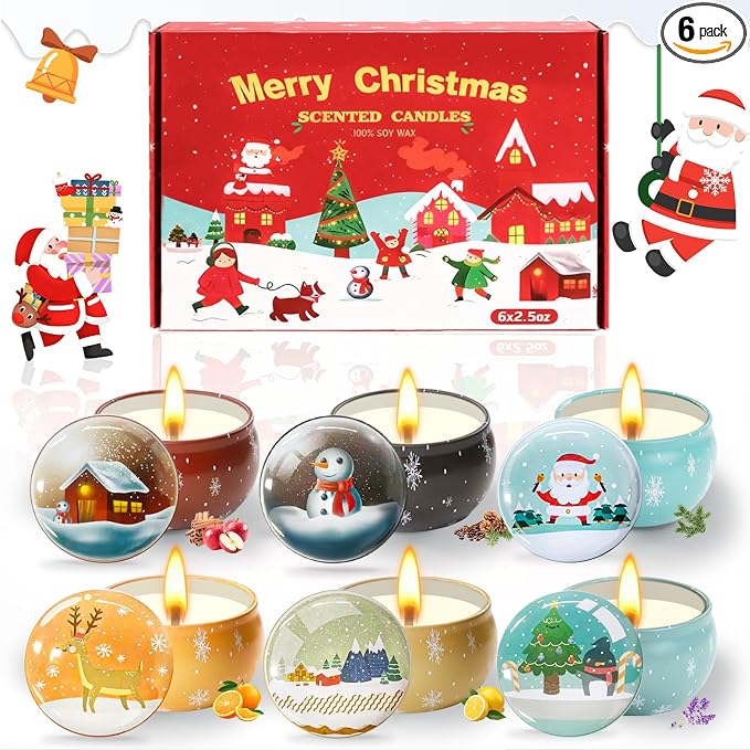 Christmas Scented Candle Gift 6 Pack, Christmas Candles for Home Scented, 100% Natural Soy Wax Long Lasting Jar Aromatherapy Candle Gifts for Mother's Day