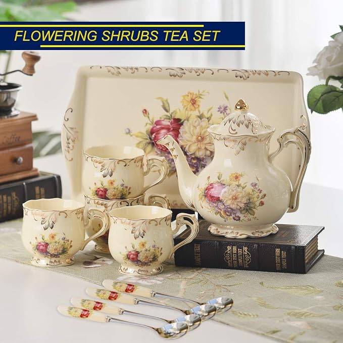 YOLIFE Porcelain Tea Set, Vintage Flowering Shrubs Teapot and Cups Set for Tea Party, Birthday Gifts for Mom Adults Women Wedding