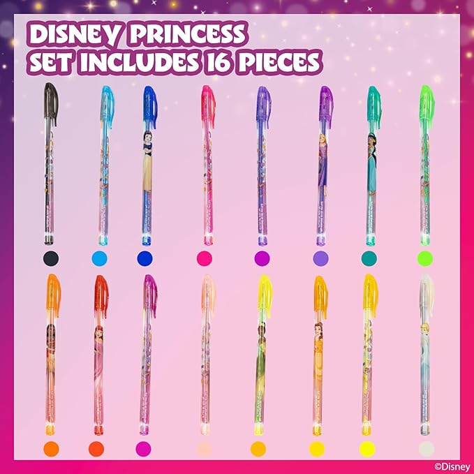 Townley Girl Disney Princess 16 Piece Glitter Pen Body Art Set, Glittery and Bright Colors, Ages 3