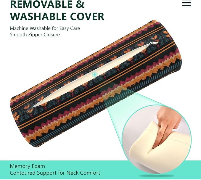 Neck Roll Pillow Bolster Pillows Round Health Memory Foam Long Round Cervical Cylinder Body Removable Washable Cover Bed Legs Back Yoga Mexican Otomi Black