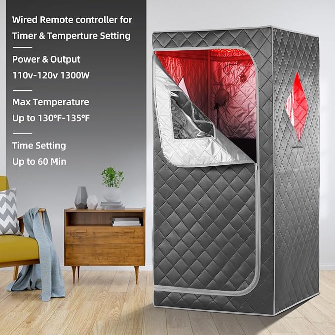 Full Size Portable Personal Infrared Sauna for Home, Personal Home Spa Tent with Remote Control, Heating Foot Pad, Foldable Reinforced Chair （Grey, L33.8 x W 33.8" x H 66.5"