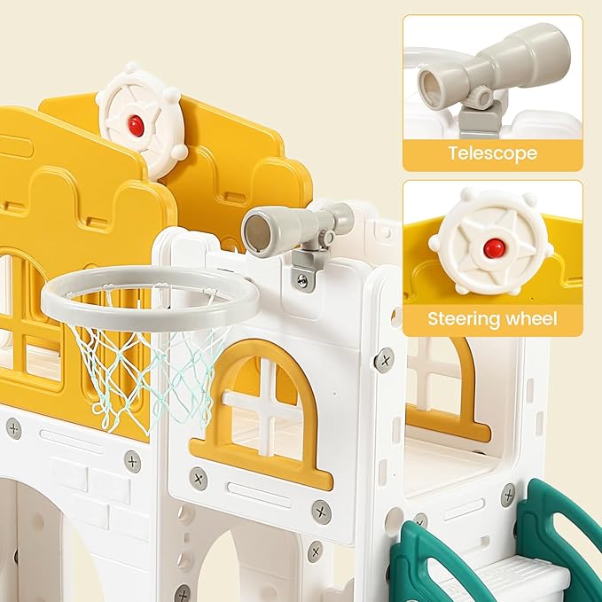 GAOMON 8 in 1 Toddler Slide Indoor Playground, Indoor Slide Toddler Playset for Toddlers 1-3, Kids Outdoor Playground with Slide, Basketball Hoop, Climber, Crawling Tunnel, Telescope, Toy Storage