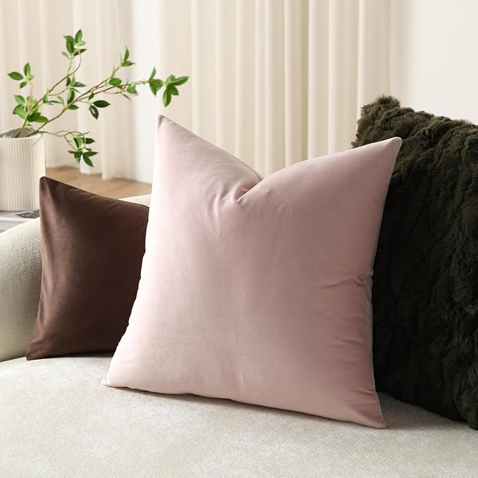 Euro Sham Covers 24x24 Light Pink: Pack of 2 Cozy Soft Velvet Square Modern Luxury Decorative Throw Pillow Cases for Sofa Couch Living Room Bed Home Decor