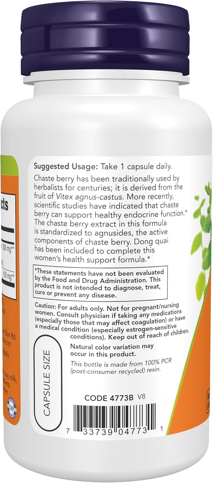 Now Supplements, Chaste Berry Vitex Extract 300 mg with Dong Quai, Women's Health*, 90 Veg Capsules (Pack of 12)