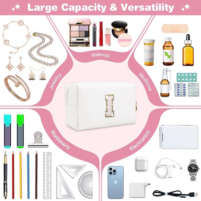 Small Initial Patch Makeup Bag Personalized Gifts Make Up Bag,White Cute PU Leather Glitter Letter Cosmetic Bag with Zipper,Trendy Portable Travel Toiletry Pouch,Preppy Stuff for Teen Girls Women I