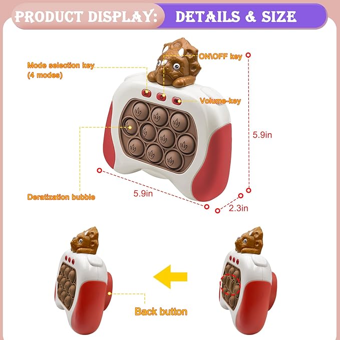 Fast Push Pop Game Light Up Dinosaur Fidget Toy for Kids Ages 3-12 Quick Push Bubble Pop Puzzle Games Handheld Pocket Game Sensory Toys Gifts for Kids 3 4 5 6 7 8+ Years Old Boys Girls Teens