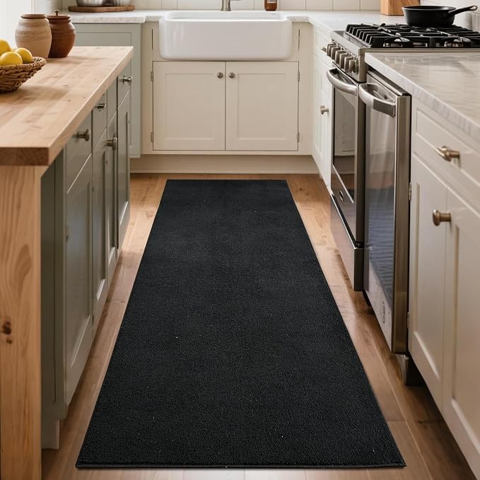 FinRèc 2x6 Washable Runner Rugs for Kitchen Hallway Bedroom, Low Pile Thin Rug Solid Color, Non-Slip Carpet Indoor for Home Decor (Pure Black)
