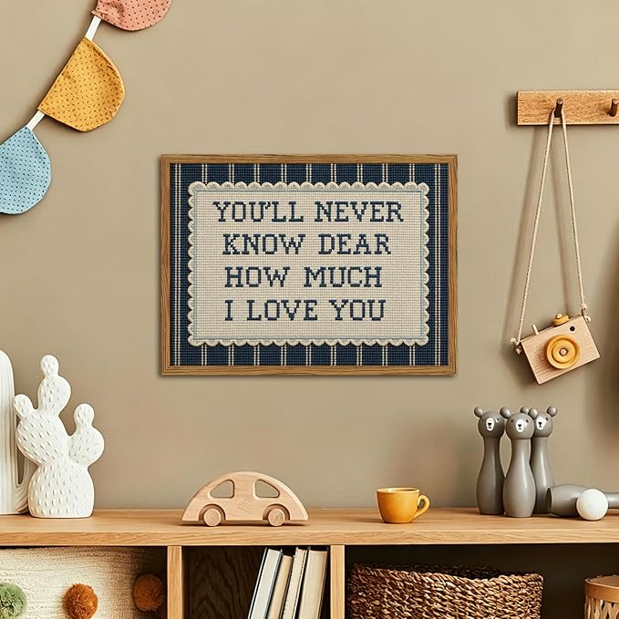 Framed You'll Never Know Dear How Much I Love You Wall Art, Vintage Nursery Blue Striped Pictures Wall Decor, Inspirational Quote Paintings Canvas Prints for Baby Boy Bedroom Living Room 16x24 inch