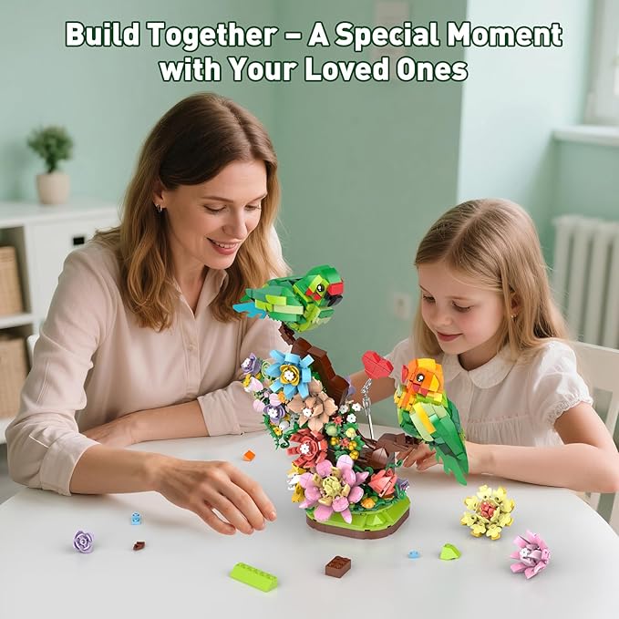 Flowers & Love Bird Building Set for Adults, Flower Parrot Botanicals Decor Model Kit with LED, Animal Toys Gifts Ideas for Kids Girls Boys Age 8+ (1050 PCS)