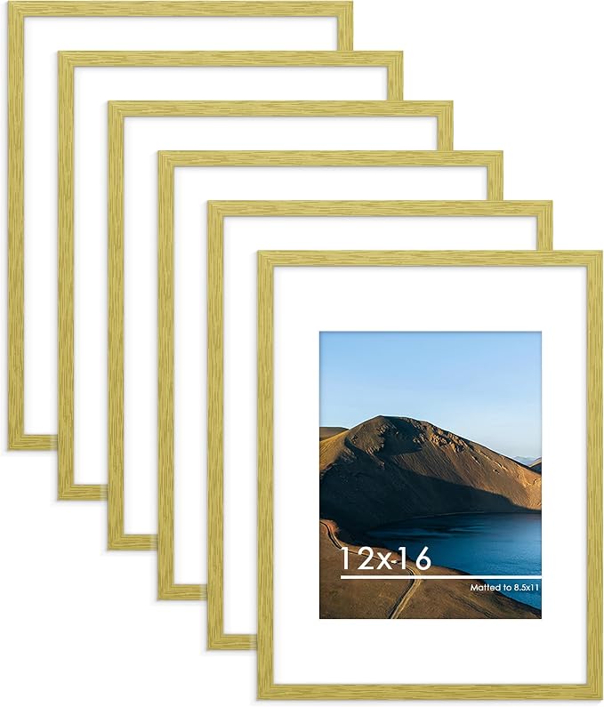 12x16 Picture Frame Set of 6, Wall Mount Display, Gold | Display Pictures 8.5x11 with Mat or 12x16 Without Mat, Horizontal or Vertical, Gallery Wall Frame Set, Wedding Birthday Gifts
