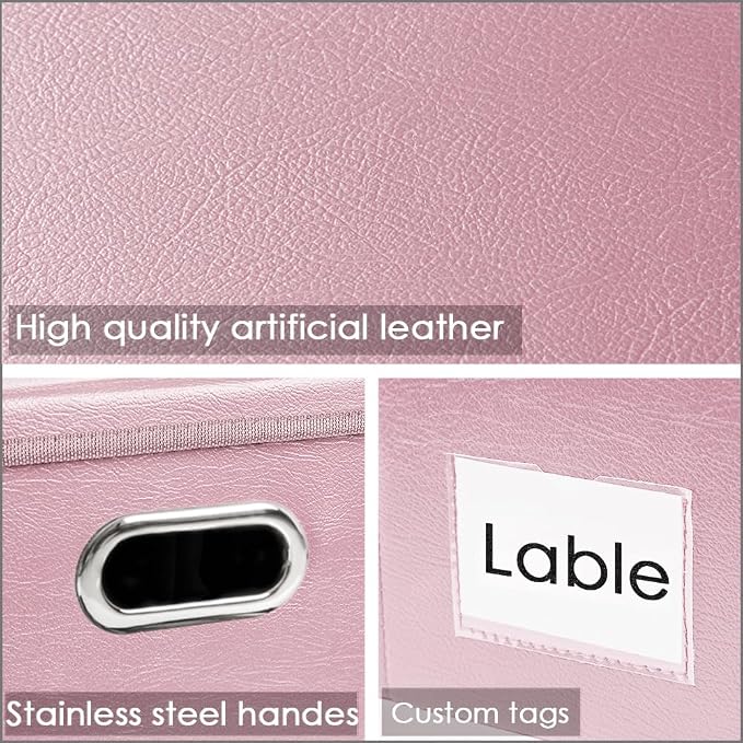 Large Stackable Storage Bins with Lids [3-Pack] Leather Fabric Foldable Storage Boxes Organizer Containers Baskets Cube with Cover for Bedroom Closet Office Nursery Pink (17.7x11.8x11.8)