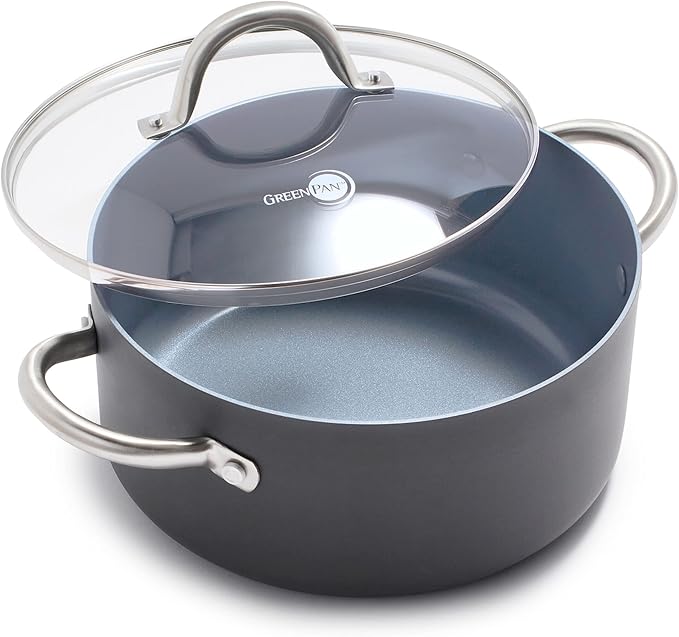 GreenPan Lima 5.2QT Nonstick Stock Pot with Glass Lid, Nontoxic PFAS-Free Ceramic Casserole, Hard Anodized Cookware, Oven & Broiler Safe, Stainless Steel Handles, Gray