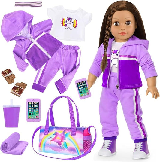 Ecore Fun 18 Inch Doll Clothes and Accessories- Sport Outfit Set, 10 Pcs Girl Doll Clothes Include Sweatshirt Suit, Sport Bag, Headbands ect- Fit Sports Dress up Game
