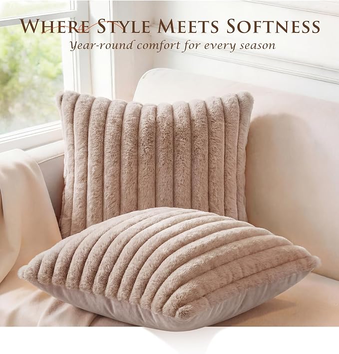 Pack of 2 Throw Pillow Covers 20x12 Decorative Solid Plush Faux Fur with Soft Velvet Back, Square Striped Cushion Cases Modern Farmhouse Home Decor for Living Room Couch Sofa Bed Apricot