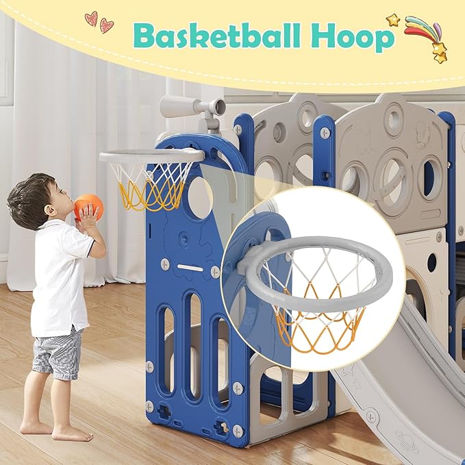 kinbor 8 in 1 Toddler Slide Set - Kids Slide with Basketball Hoop, Playset for Kids with Easy Climb Stairs & Storage, Toddler Indoor Outdoor Playground, Blue