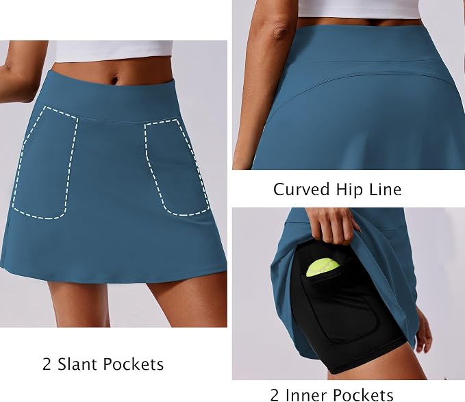 PINSPARK 17" Golf Skorts for Woman High Waisted Tennis Skirt with 4 Pockets | Lightweight, Quick Dry, 4-Way Strecth, Breathable, Tummy Control, UPF 50+ Athletic Skort for Workout, Pickleball, Gym, Casual