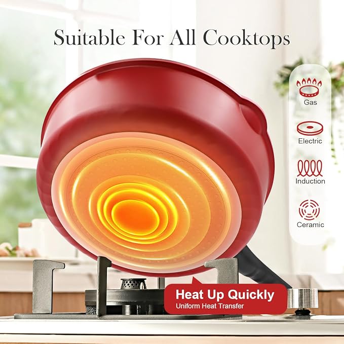12 Inch Deep Frying Pan with Lid, Large Nonstick Skillet, 5 Qt Saute Pan with Detachable Handle, Compatible with All Stoves, Induction Ready, Oven Safe, PFOA Free, Red