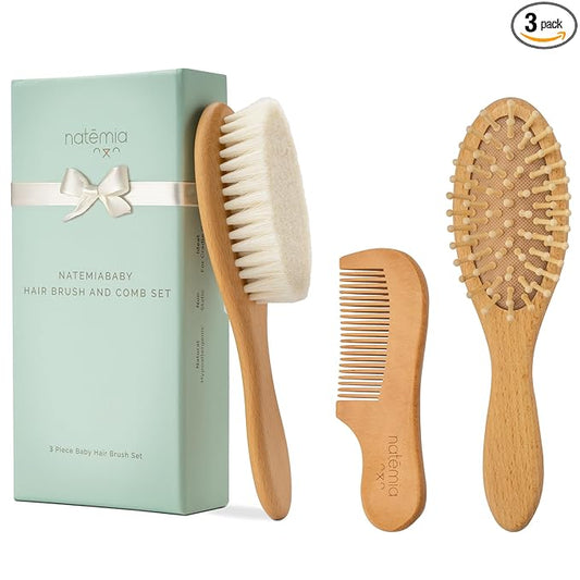 Natemia Wooden Baby Hair Brush & Comb Set - Natural Goat Hair Bristles & Soft Bristle Brush - Gentle Scalp Massage & Cradle Cap Comb - For Newborns & Toddlers, Baby Grooming Kit