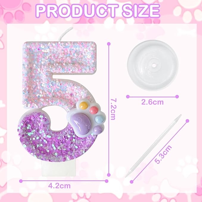 Pink Cat and Dog Paw Birthday Number Candles, Cupcake Decorations, Dog Theme Candles, Suitable for Party Celebrations, Birthday Decoration Supplies (Number 5)