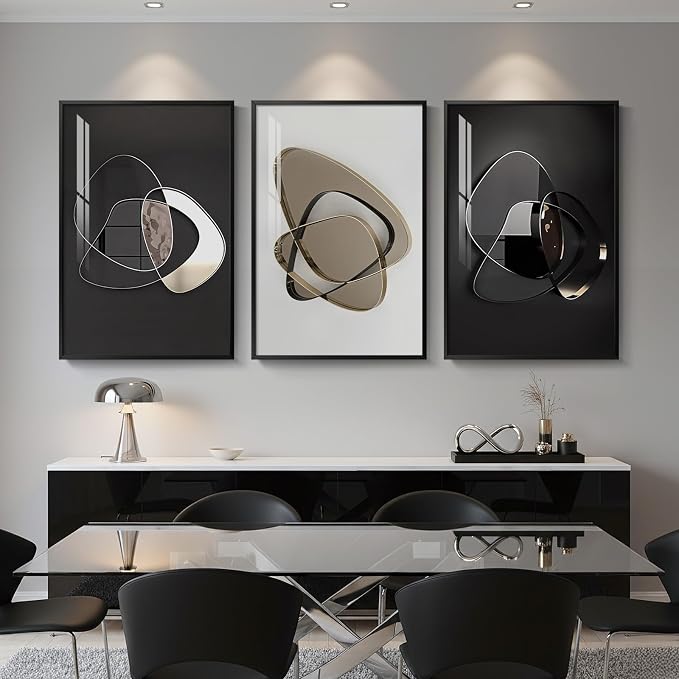Large Framed Modern Elegant Abstract Wall Art for Living Room, 3 Piece Contemporary Luxury Metal Style Prints Paintings, Minimalist Pictures for Entryway, BeeHome, Home Office Wall Decor 24x36 In