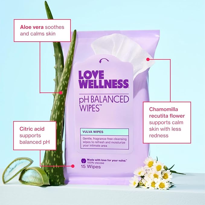 Love Wellness pH Balanced Wipes for Women | Feminine Hygiene for Cleansing with Aloe Vera | Fragrance-Free Intimate Health | Moisturizing, Soothing & Calming for Sensitive Skin | Travel Size | 3-Pack