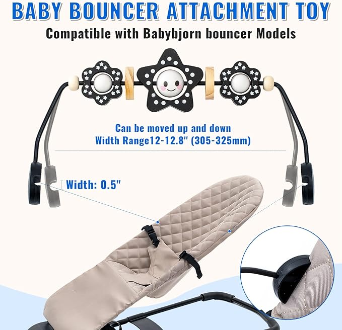 KENKYO Wooden Baby Bouncer Toy Bar Compatible with Baby Bjorn, Rotatable Bouncer Toy Attachment, Funny Sensory Toy for Newborn to Toddler, Easy to Attach and Remove (Black)