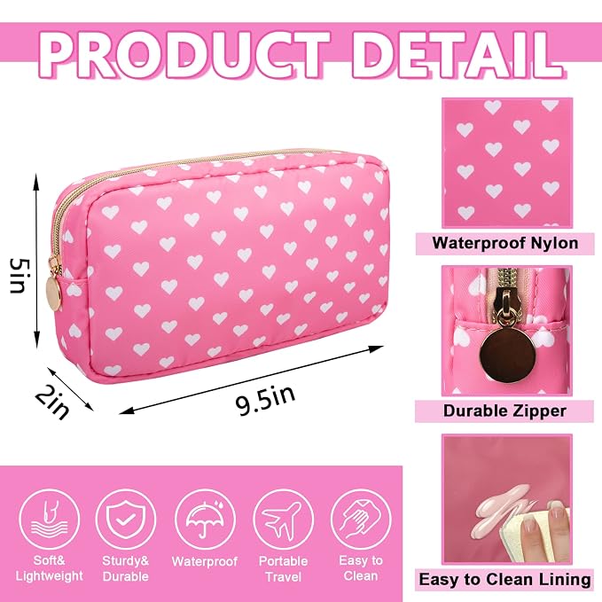 UIXIZQ Small Makeup Pouch for Purse，Nylon Travel Toiletry Storage Cute Preppy Cosmetic Bag for Women Girls，Waterproof Makeup Organizer Pouch Skincare Purse with Zipper (Small-Pink Heart)
