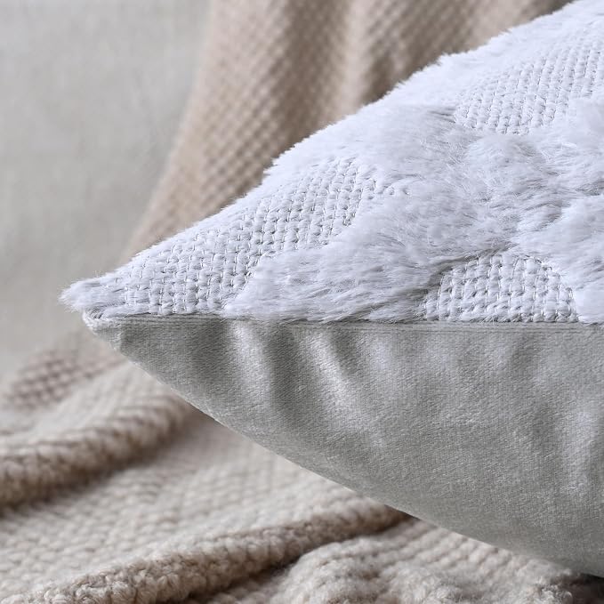 Set of 2 Soft Moroccan Throw Pillow Covers 16x16 Inch Plush Boho Decorative Pillow Cover Accent Cushion Case for Couch Sofa Bed, Grey