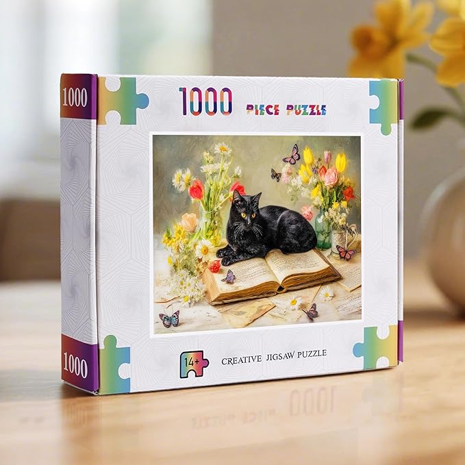 Cat on Book with Flowers Puzzles for Adults 1000 Pieces, Impossible Hard Difficult Challenging Jigsaw Puzzle 1000 Pieces, Christmas Birthday Gifts Home Decor for Adults/Friends/Family