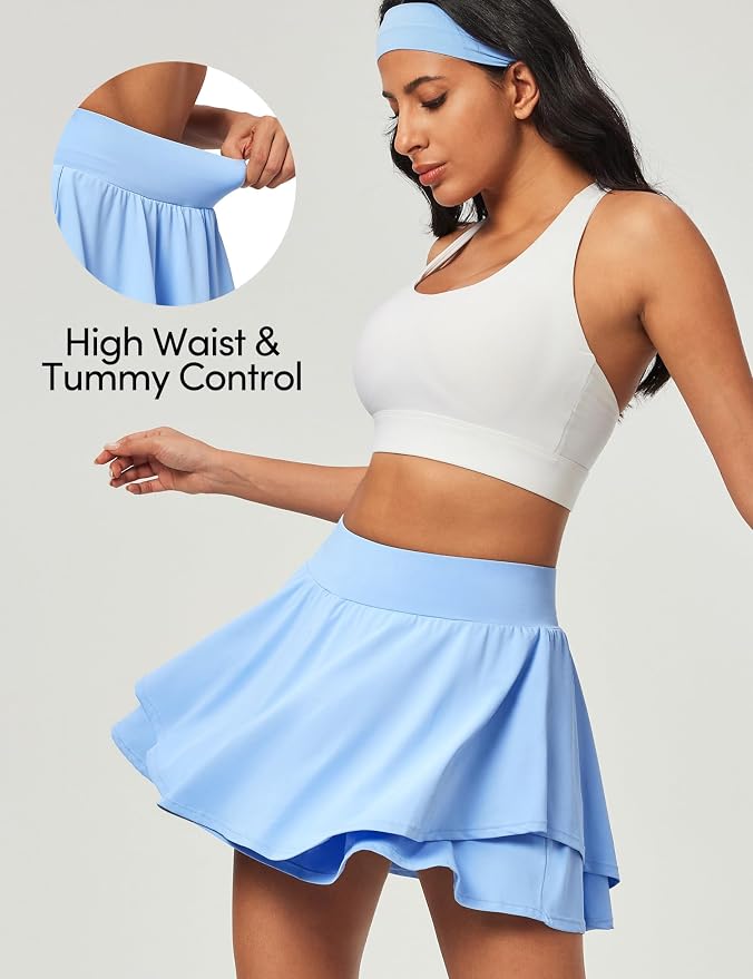 IUGA Tennis Skirt Pleated Skorts for Women with Pockets Skirts for Women | Double Ruffle Skort , Built-In Shorts, 2 Pockets, Tummy Control Breathable, Quick-dry, for Golf, Athletic, Running, Workout