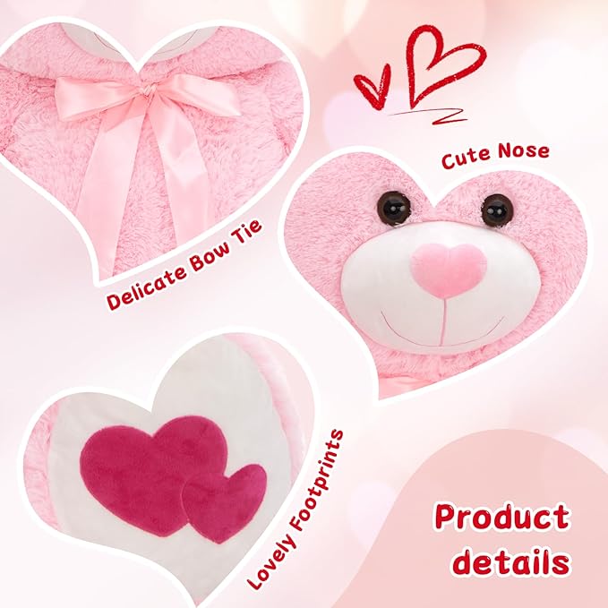 Tezituor Giant Teddy Bear Stuffed Animal 4ft - Big Pink Teddy Bear with Love Red Heart - Large Stuffed Bear Plush Toys for Kid Christmas Birthday - Valentines Bear Gift for Girlfriend
