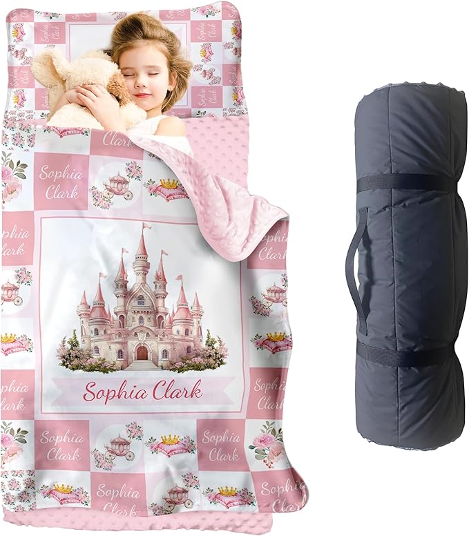 Personalized Toddler Nap Mat for Girls – Custom Name Kids Nap Mat – Daycare Sleeping Mats with Removable Pillow and Soft Minky Dot Blanket for Preschool, Travel, Kindergarten