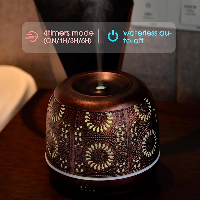 Large Essential Oil Aromatherapy Diffuser for Home Bedroom Metal Hollow Decorative Room Ultrasonic Air Scent Mist Aroma Diffuser 500ML Defusers -Red Copper