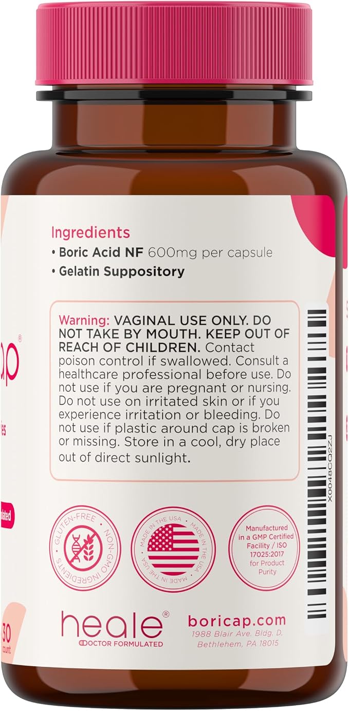 BoriCap Heale 600mg Boric Acid Suppositories | for Vaginal Odor | 30 Count | Made in the USA