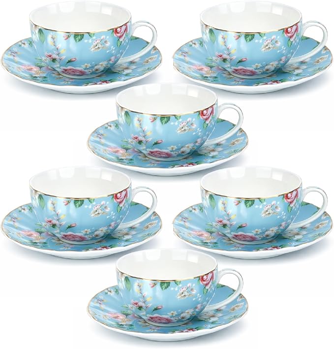 BTaT- Floral Tea Cups and Saucers, Set of 6, 7 oz, Fine Porcelain Teacup Set with Gold Trim for Afternoon Tea, Weddings, Parties & Gifting, Dishwasher Safe and Freezer Safe