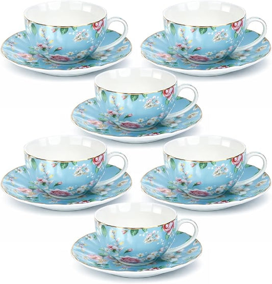 BTaT- Floral Tea Cups and Saucers, Set of 6, 7 oz, Fine Porcelain Teacup Set with Gold Trim for Afternoon Tea, Weddings, Parties & Gifting, Dishwasher Safe and Freezer Safe