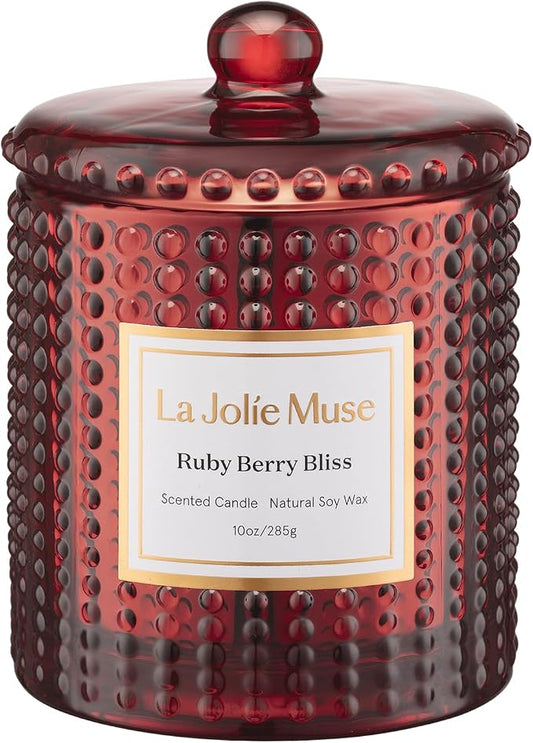 LA JOLIE MUSE Ruby Berry Bliss Scented Candle| Mandarin, Cranberry & Plum | 10 oz Festive Candle | 55 Hours Clean Burn | Gift for Hosts & Gathering | Elegant Home Decor