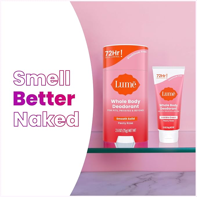 Lume Whole Body Deodorant - Invisible Cream Tube Mini + Solid Stick Bundle - 72 Hour Odor Control - Aluminum & Baking Soda Free, Skin Loving (Peony Rose)