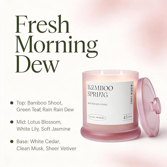 Hidden Label Bamboo Spring Candle, 13oz Soy 2-Wick 45H, Green Fresh Aroma | Natural Soy Wax | Dual-Flame Even Melt | Tranquil Grove Scent | Safe Clean Burning | Wellness Gift