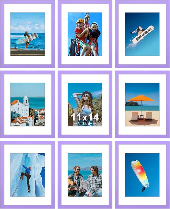 Vittanly 11x14 Picture Frames Set of 9 for Wall Mounting, Purple | Display Pictures 8x10 with Mat or 11x14 without Mat, Engineered Wood with Shatter Resistant Plexiglass, Gallery Photo Frames