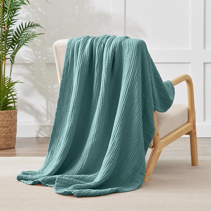 100% Cotton Muslin Blanket Large 50" x 70", 6 Layers Breathable and Lightweight Cotton Throw Blanket for Bed and Couch, Soft Quilt Bedspread, Gauze Blanket for Adults All Season, Teal