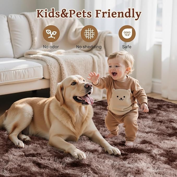 9x12 Area Rugs for Living Room Brown Fluffy Fur Bedroom Rug,Rustic Plush Non-Slip Dark Carpet for Book Room Office,Coffee Stain Resistant