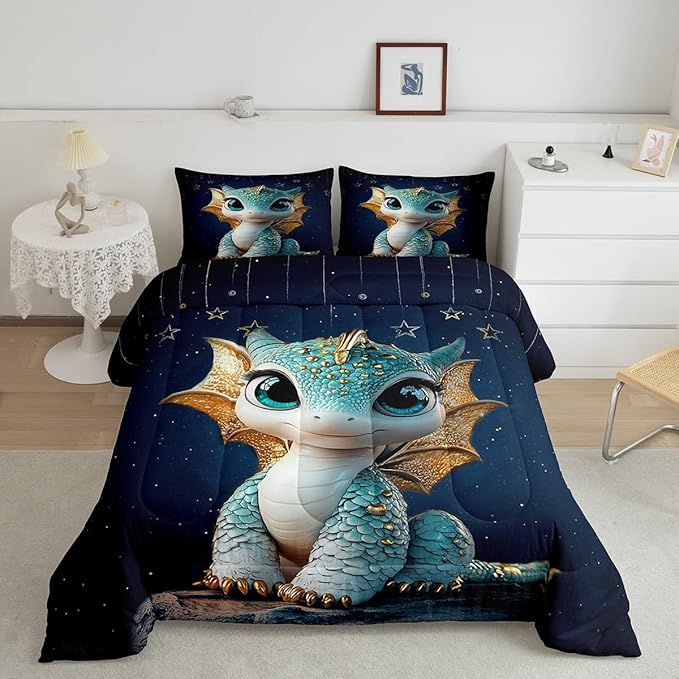 Feelyou Dragon Comforter Set Queen Size Dragon Stuff Comforter for Boys Girls Teens Wild Life Bedding Set Dragon Decor Duvet Set Room Decor Navy Blue Quilt Set